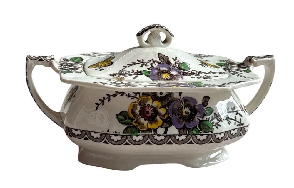 Vintage Alfred Meakin Medway Decor Covered Sugar Bowl England Floral Ironstone